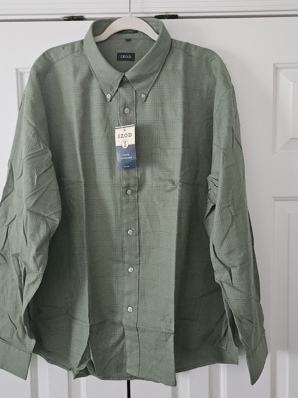 New IZOD Jaspe Ginghams Regular Fit 2XL Green Plaid Cotton Button-Down Shirt.